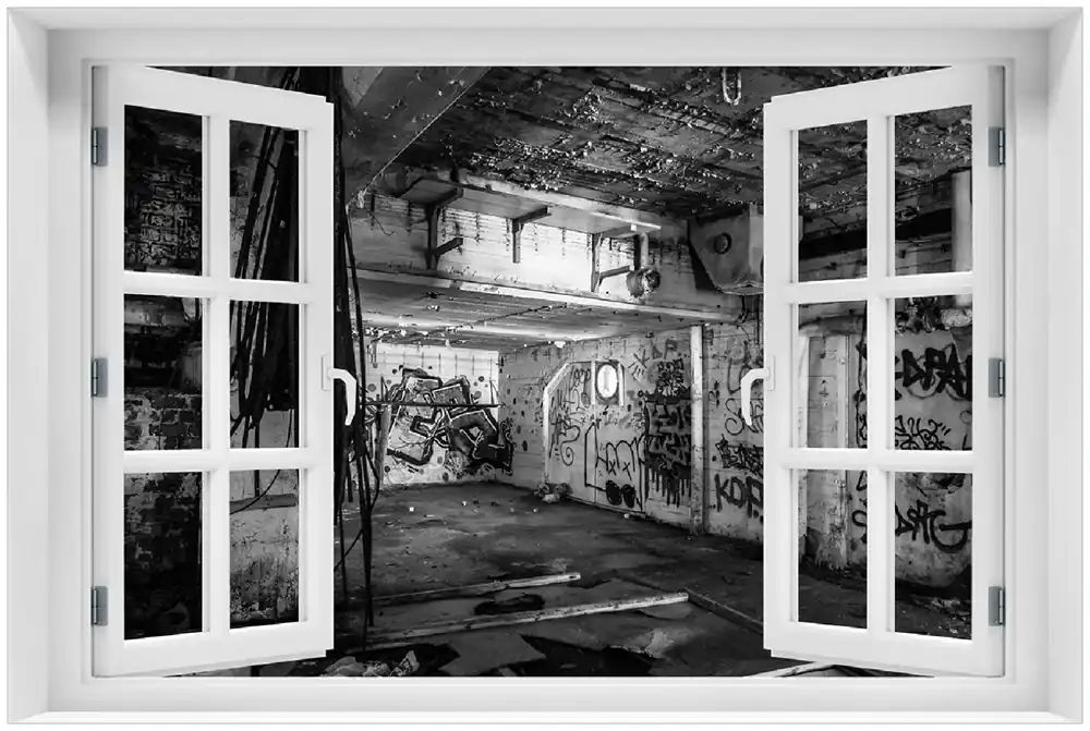 Günstig Selbstklebendes Poster mit Fenster-Illusion Alte verlassene Fabrik in schwarz weiß mit Graffiti