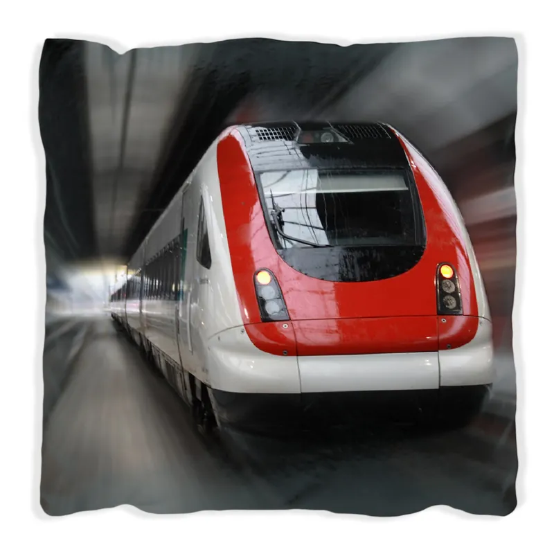 Sonderangebot Kissen Fahrender Zug von vorn in rot- Perspektive von vorn 60 x 60 cm, Foto