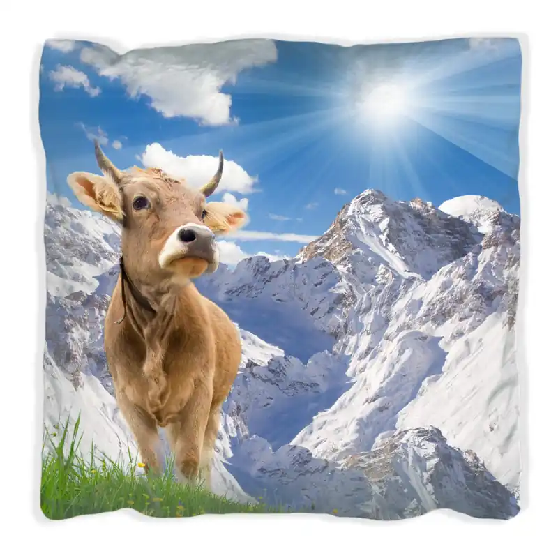 Angebot Kissen Kuh im Sonnenschein in den Alpen 30 x 30 cm, Foto