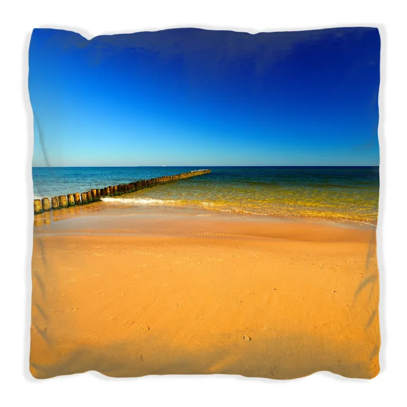 Angebot Kissen Sandstrand in orange - Blaues Meer - Blauer Himmel 40 x 40 cm, weiß