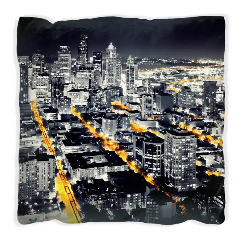 Angebot Kissen Großstadt bei Nacht - Seattle in schwarz weiß gelb 30 x 30 cm, Foto