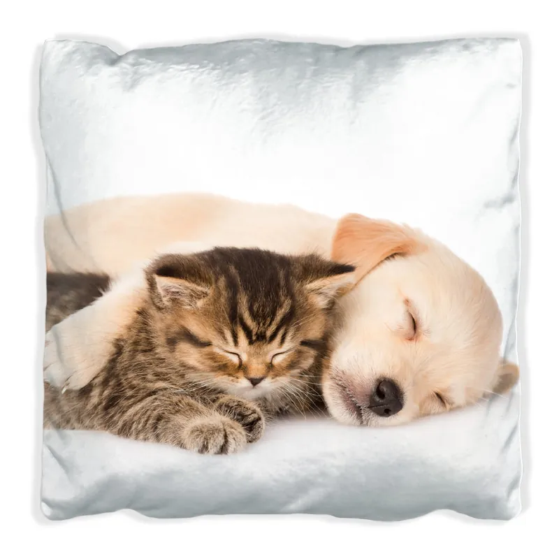 Kissen Katze und Hund in Harmonie - Kuschelnde Tiere 60 x 60 cm, Foto Zertifiziert