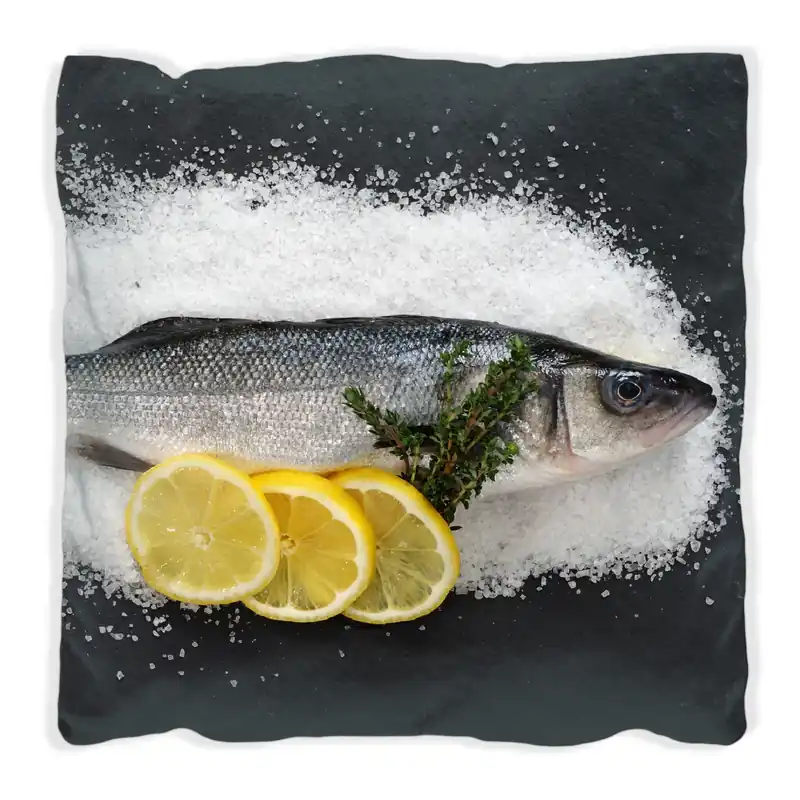 Angebot Kissen Fischmenü - Frischer Fisch auf Salz mit Zitronen 60 x 60 cm, weiß