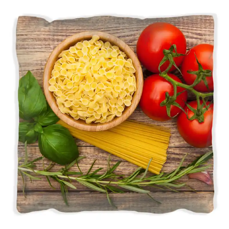 Abverkauf Kissen Spaghetti mit Tomaten, Knoblauch und Basilikum 30 x 30 cm, Foto