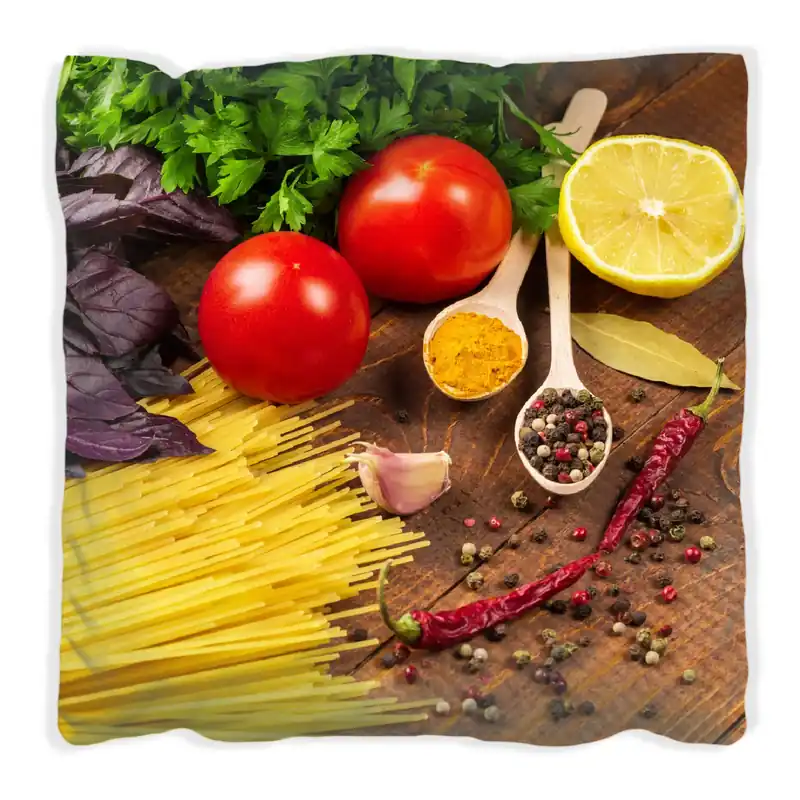 Garantierte Lieferung Kissen Italienisches Menü mit Spaghetti, Tomaten, Basilikum und Gewürzen 60 x 60 cm, Foto