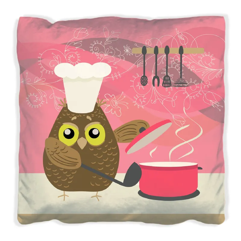 Kissen Lustige Eule beim Kochen mit Kochmütze 30 x 30 cm, Foto Nur Heute