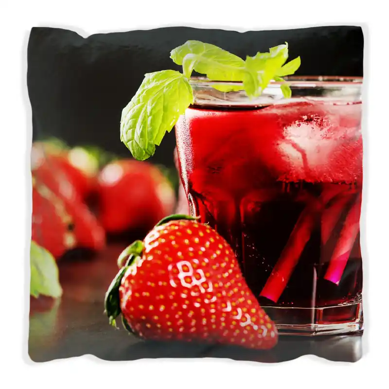 Abverkauf Kissen Erdbeer-Mojito - Frische Erdbeeren 30 x 30 cm, weiß