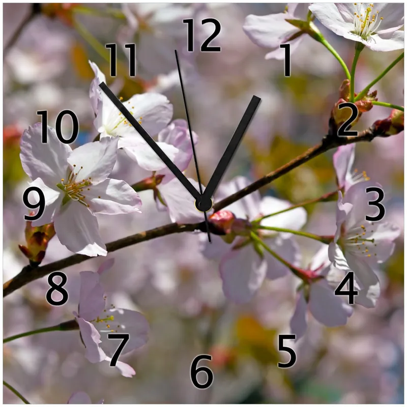 Begrenztes Angebot Wanduhr aus Glas Kirschblüten in zartem Rosa - Frühling im Garten mit weißen Zeigern, 30 x 30 cm