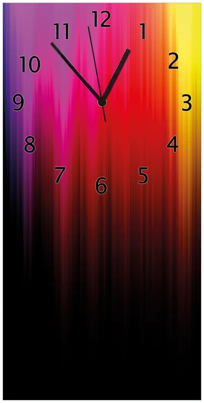 Wanduhr aus Glas Bunte Regenbogenstreifen auf Schwarz mit schwarzen Zeigern, 30 x 60 cm Preis Gesenkt