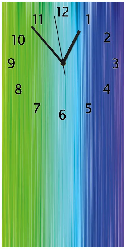 Ausverkauf Wanduhr aus Glas Regenbogenmuster - Farben rot, gelb, grün, blau, pink und rot mit weißen Zeigern, 20 x 20 cm