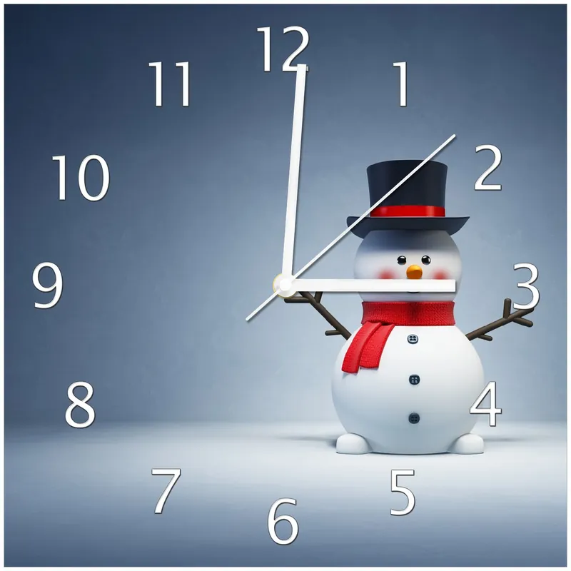 Wanduhr aus Glas Winterstimmung - Frecher Schneemann mit Zylinder und rotem Schal mit weißen Zeigern, 30 x 60 cm Zertifiziert