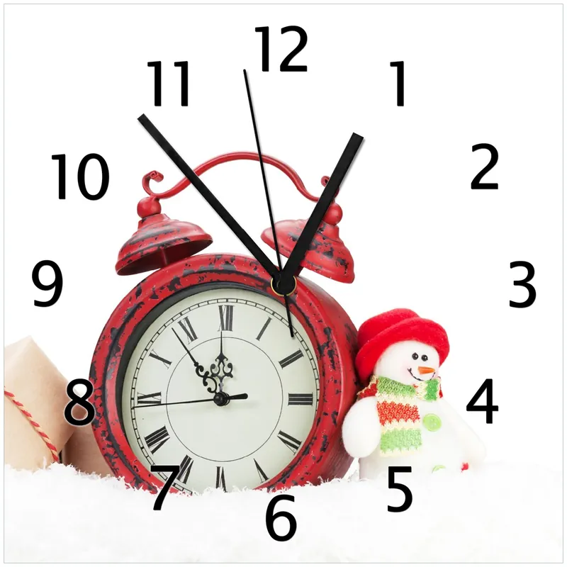 Wanduhr aus Glas Wecker mit Schneemann und Geschenken mit schwarzen Zeigern, 30 x 60 cm Bestpreis