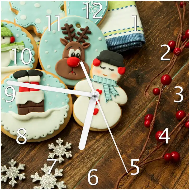 Wanduhr aus Glas Weihnachten in der Küche - Plätzchen auf einem Holztisch mit weißen Zeigern, 20 x 20 cm Letzte Chance