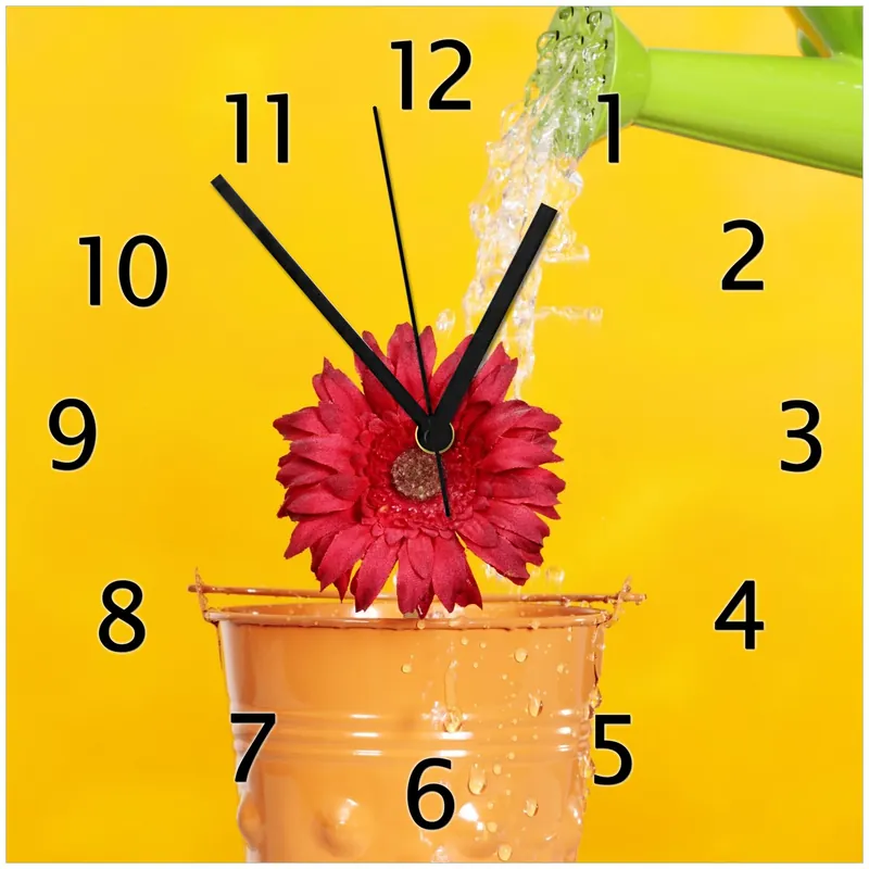 Kostenloser Rückversand Wanduhr aus Glas Rote Blüte im Blumentopf - frisch begossen mit weißen Zeigern, 20 x 20 cm