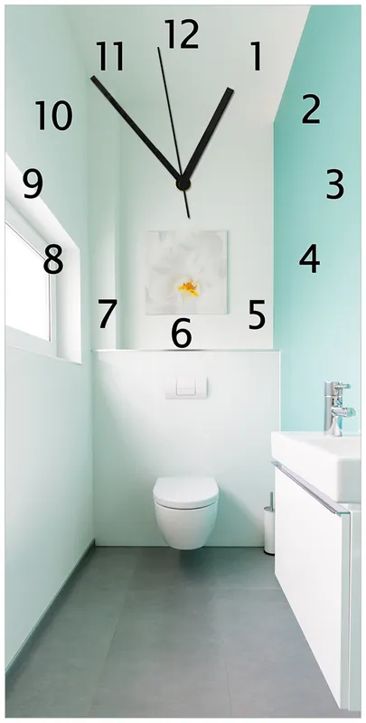 Wanduhr aus Glas Badezimmer Gästetoilette Innenansicht - WC und Waschbecken mit weißen Zeigern, 20 x 20 cm Versand Am Gleichen Tag