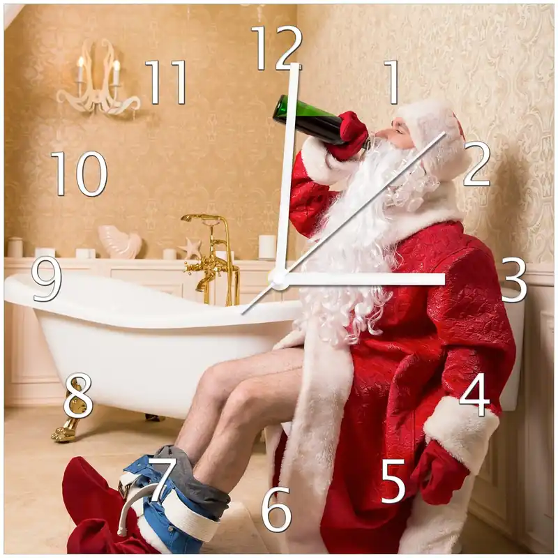 Wochenendangebot Wanduhr aus Glas Betrunkener Weihnachtsmann mit Weinflasche auf dem Klo mit schwarzen Zeigern, 30 x 30 cm