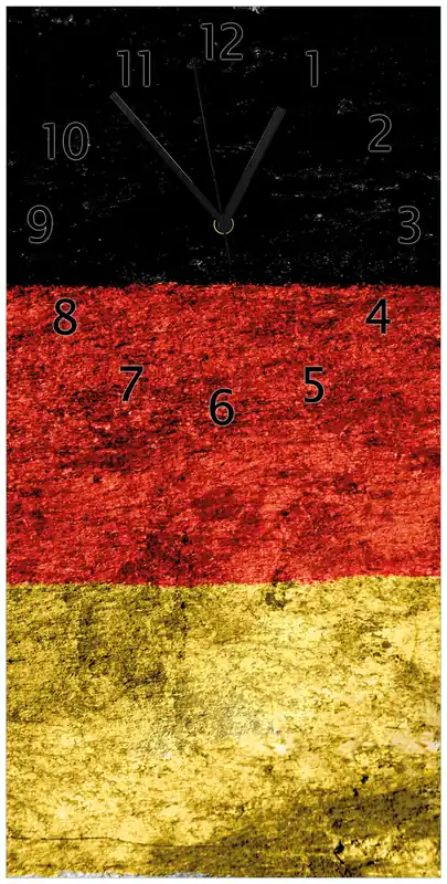 Preisreduziert Wanduhr aus Glas Verwitterte Deutschland-Fahne in schwarz rot gold mit weißen Zeigern, 30 x 30 cm