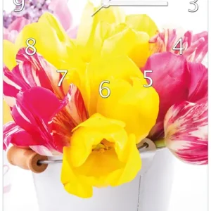 Wanduhr aus Glas Zwei Blumen-Bouquets aus gelben und roten Tulpen und Flieder mit weißen Zeigern, 20 x 20 cm Neue Kollektion