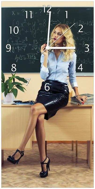 Wanduhr aus Glas Sexy blonde Lehrerin in Schule vor Tafel mit langen Beinen und Brille mit weißen Zeigern, 30 x 60 cm Schnäppchen