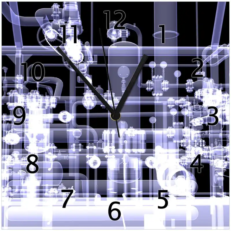 Wanduhr aus Glas Transparente Maschine unter Röntgen mit Zahnrädern und Rohren mit weißen Zeigern, 30 x 30 cm Top-Preis