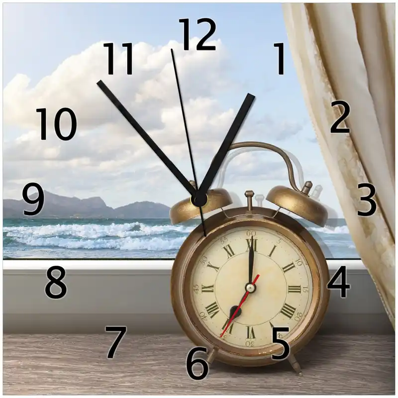 Beliebt Wanduhr aus Glas Guten Morgen sagt das Meer - Wecker und Vorhang am Fenster mit weißen Zeigern, 30 x 60 cm