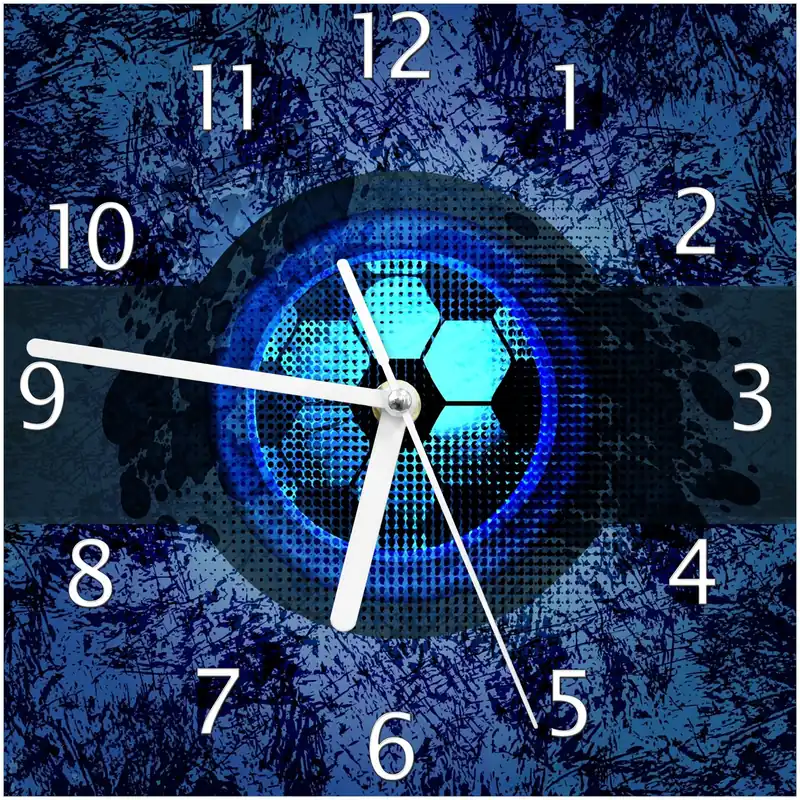 Bestseller Wanduhr aus Glas Fußball Design - Abstraktes Muster in blau mit weißen Zeigern, 20 x 20 cm