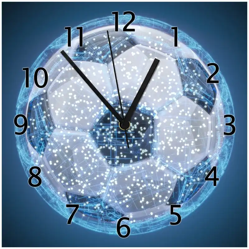 Neu Im Sortiment Wanduhr aus Glas Fußball digital - Netzwerk in blau mit weißen Zeigern, 30 x 30 cm