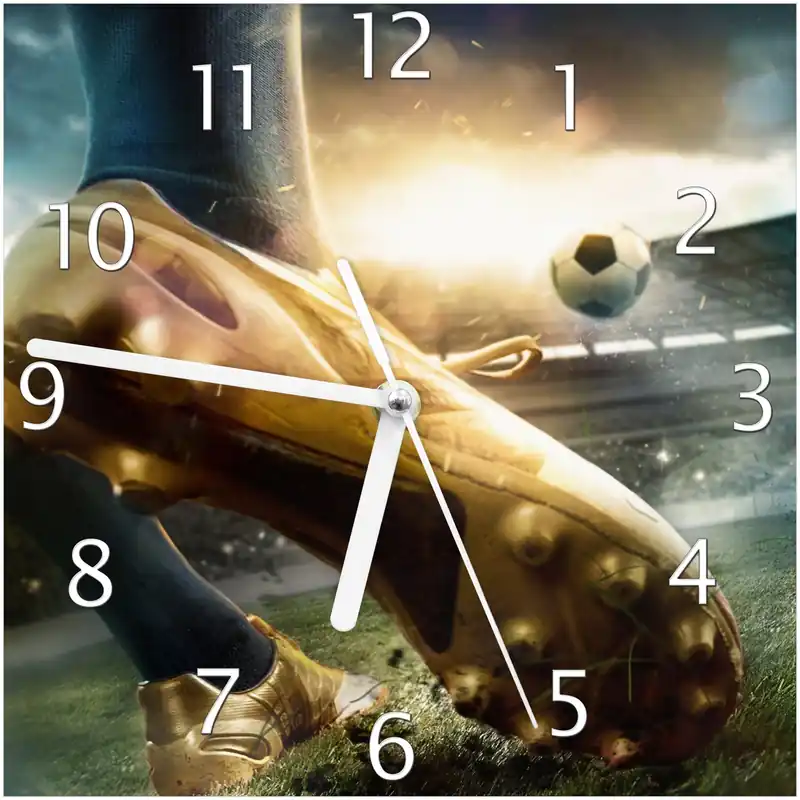 Super-Preis Wanduhr aus Glas Fußball Goldschuh auf dem Feld mit weißen Zeigern, 30 x 30 cm