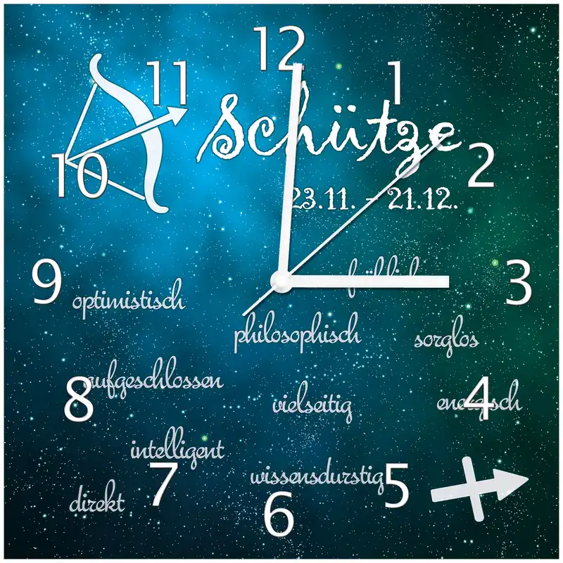 Neu Wanduhr aus Glas Sternzeichen Schütze mit weißen Zeigern, 30 x 30 cm