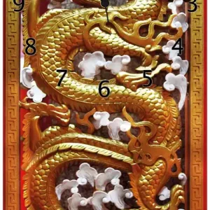 Wanduhr aus Glas Traditionelle chinesische Holzarbeit mit Drachen in rot und gold mit schwarzen Zeigern, 30 x 60 cm Aktuell