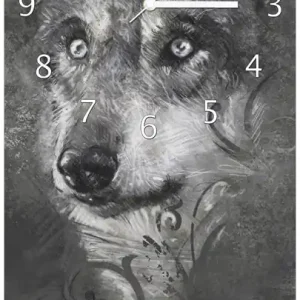 Aktuell Wanduhr aus Glas Zeichnung von einem Wolf I mit weißen Zeigern, 30 x 60 cm
