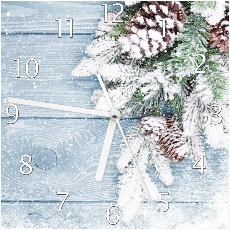 Wanduhr aus Glas Verschneite Tannenzweige auf Holz - Winterdekoration mit schwarzen Zeigern, 30 x 30 cm Super-Preis