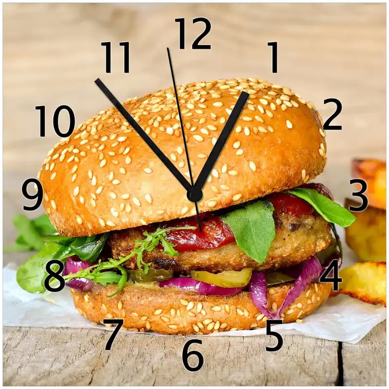 Abverkauf Wanduhr aus Glas Burger mit frischem Salat und Pommes mit weißen Zeigern, 20 x 20 cm