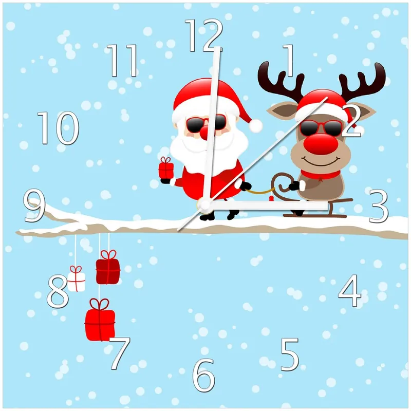 Bestpreis Wanduhr aus Glas Cooler Weihnachtsmann mit Rentier auf einem Ast mit schwarzen Zeigern, 30 x 30 cm