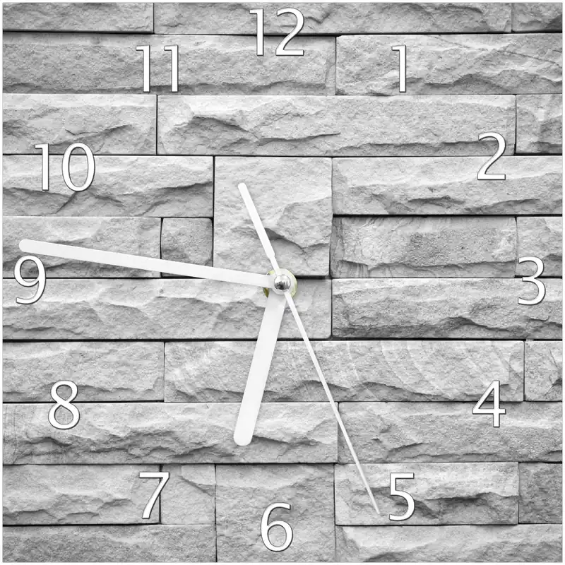 Zertifiziert Wanduhr aus Glas Steinwand grau mit schwarzen Zeigern, 30 x 30 cm