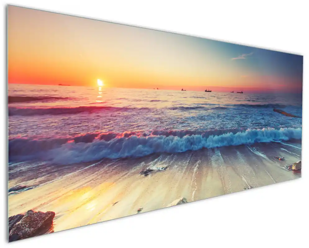 Küchenrückwand Sonnenuntergang am Meer mit Wellen am Strand aus Glas, 90 x 60 cm Solange Der Vorrat Reicht