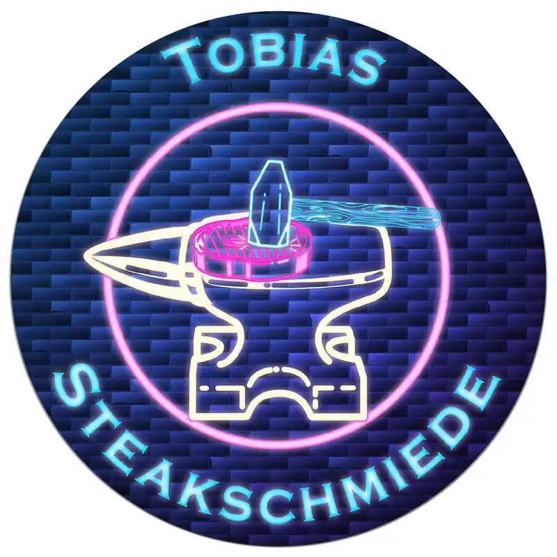 Wasserfestes Poster Steakschmiede mit Wunschname Rund. 120 cm Durchmesser, selbstklebende Folie mit Schutzlaminat Preisreduziert