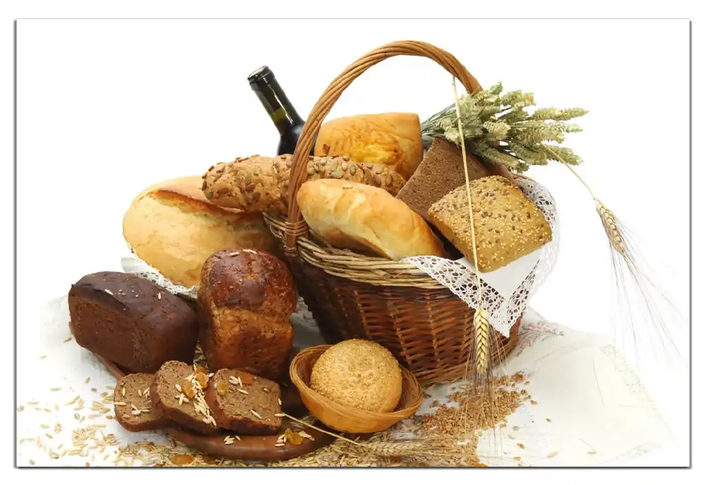 Wasserfestes Poster Brot und Brötchen im eleganten Korb - mit Wein und Getreide Rund, 60 cm Durchmesser, selbstklebende Folie mit Schutzlaminat Preisreduziert