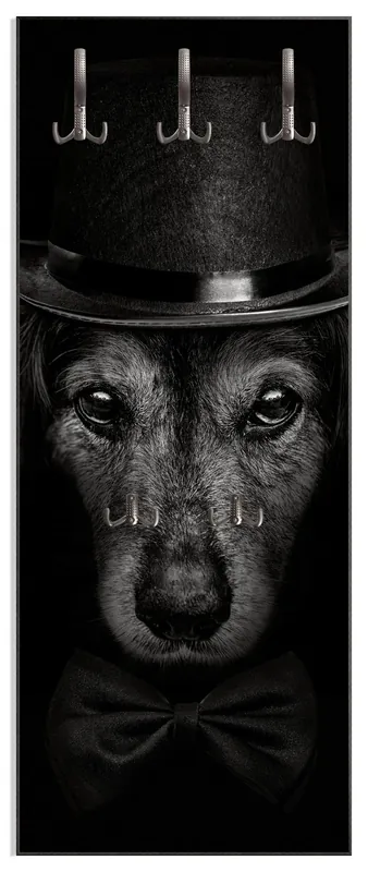 Wandgarderobe aus Holz Eleganter Hund mit Zylinder in schwarz-weiß 50 x 125 cm Neue Kollektion