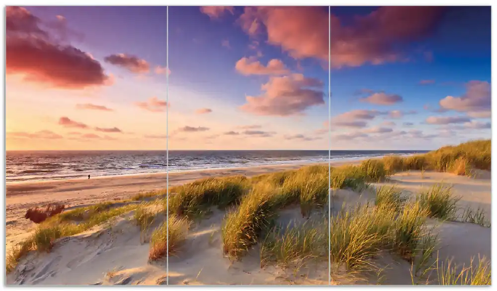 Markenprodukt Herdabdeckplatte Abendspaziergang am Strand - Sonnenuntergang über dem Meer Breite 80 cm x Höhe 52 cm. 1-teilig, 5 mm hohe Noppen