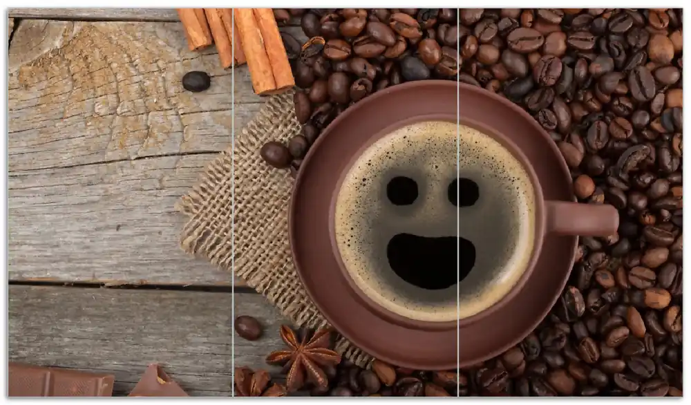 Online Kaufen Herdabdeckplatte Lustige Kaffeetasse mit einem Lächeln - Kaffeebohnen und Zimt Breite 70 cm x Höhe 52 cm. 2-teilig, 5 mm hohe Noppen