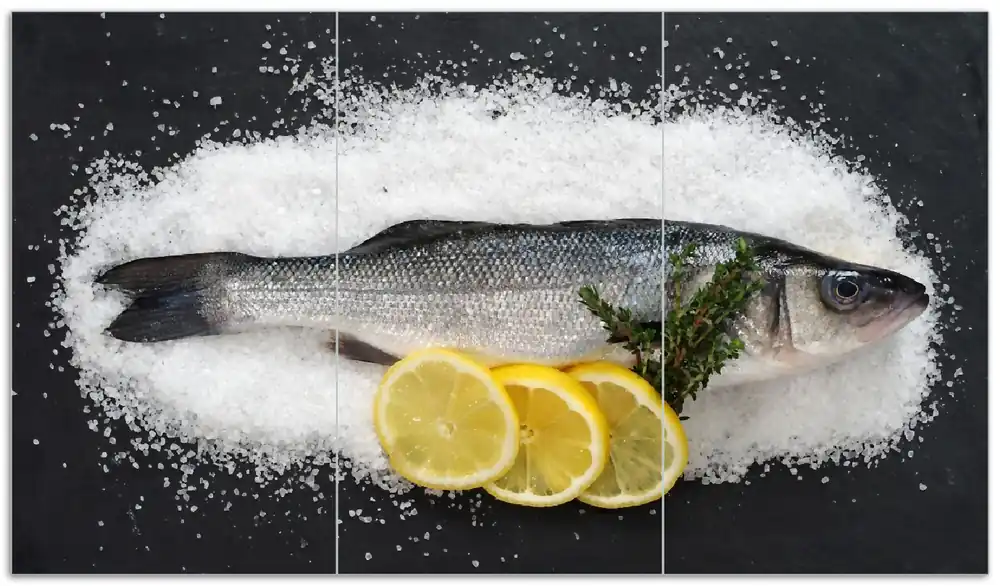 Herdabdeckplatte Fischmenü - Frischer Fisch auf Salz mit Zitronen Breite 80 cm x Höhe 52 cm. 1-teilig, 8 mm hohe Noppen Schneller Versand