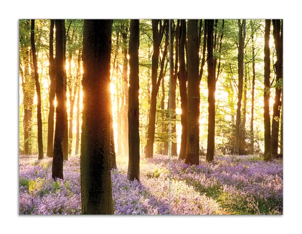 Herdabdeckplatte Blaue Hasenglöckchen im Wald mit Sonnenstrahlen Breite 70 cm x Höhe 52 cm. 2-teilig, 5 mm hohe Noppen Kracherpreis