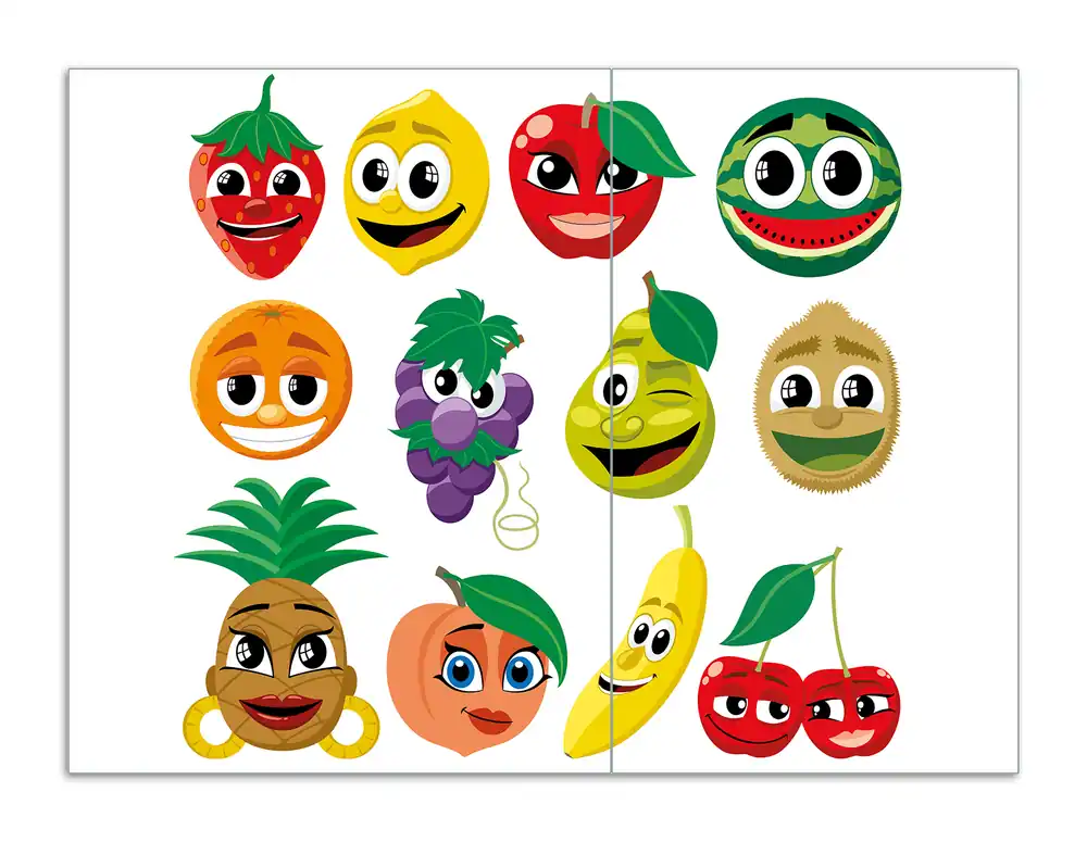 Herdabdeckplatte Obst-Smilies im Comic-Stil - Lustige Früchte Breite 60 cm x Höhe 52 cm. 2-teilig, 8 mm hohe Noppen Markenware