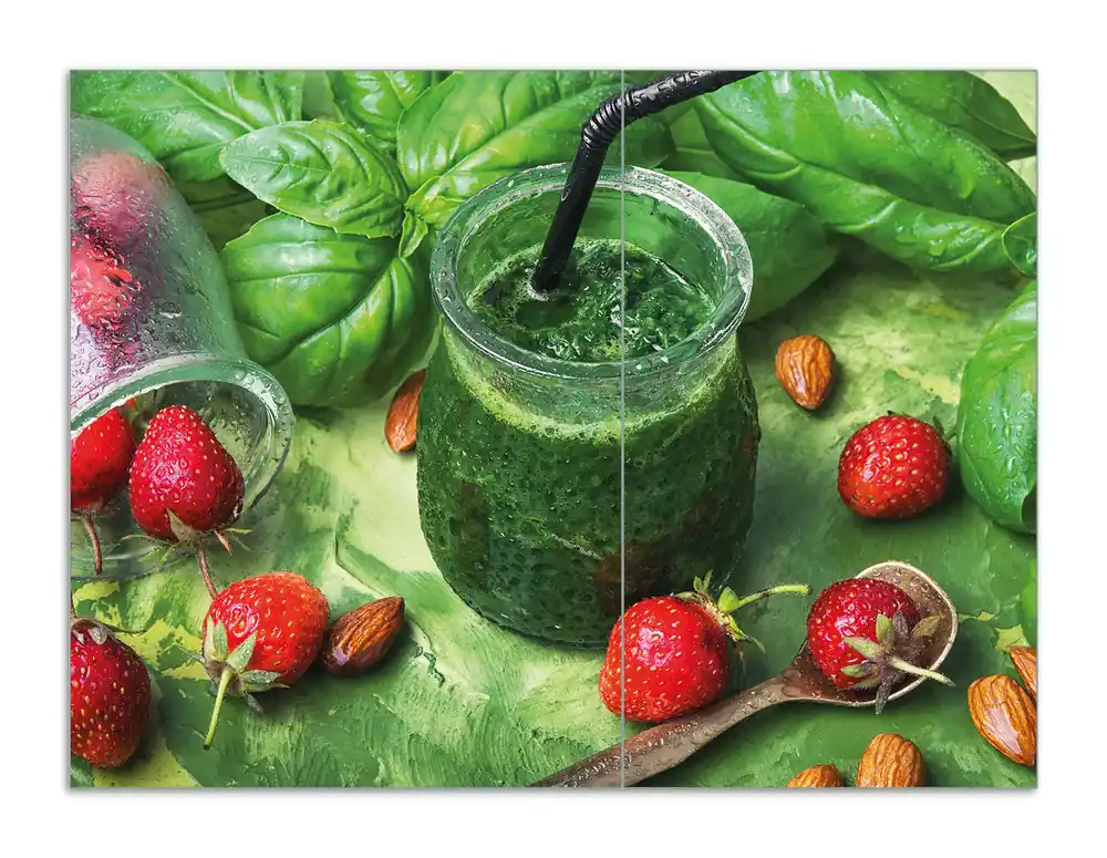 Neuheit Herdabdeckplatte Grüner Smoothie mit Erdbeeren Breite 60 cm x Höhe 52 cm. 1-teilig, 13 mm hohe Noppen