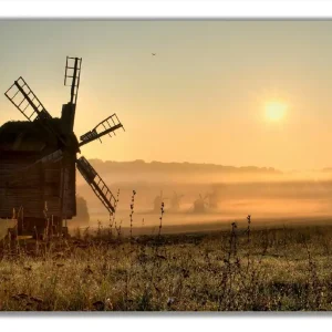 Glasbild Morgendämmerung am Mühlenfeld 70 x 100 cm Rabatt