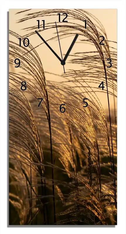 Begrenztes Angebot Wanduhr aus Glas Schilf im Wind mit schwarzen Zeigern, 30 x 30 cm