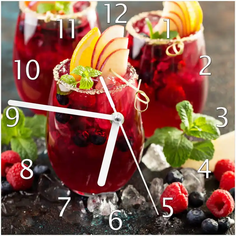 Wochenendangebot Wanduhr aus Glas Sommerlicher Wildbeerencocktail mit schwarzen Zeigern, 30 x 30 cm
