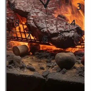 Wanduhr aus Glas Urige Grillkunst: Steakschmiede mit schwarzen Zeigern, 30 x 30 cm Echt