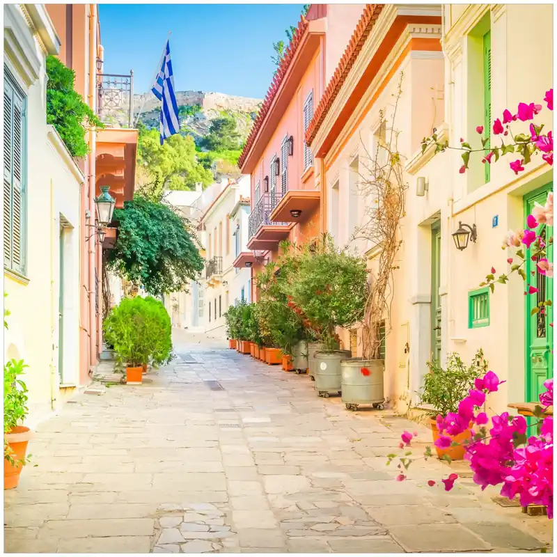 Expressversand Kühlschranksticker Mediterrane Straße im Blütenrausch 60 x 60 cm, Selbstklebende Folie